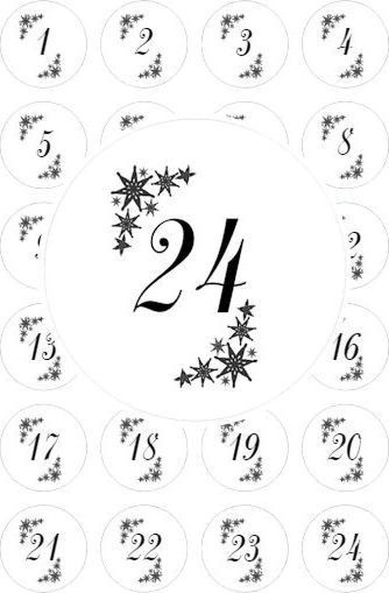 Advent stickers cijfers 1 t/m 24 zwart wit Ø40mm - 48 stickers - 2 vellen | etiketten sluitzegel cadeau